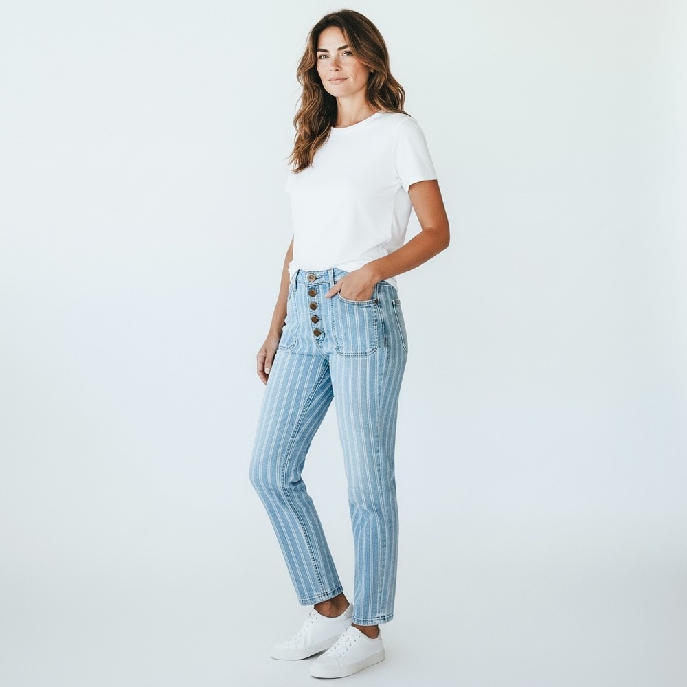 Anthro Pilcro Striped Light Blue High-Rise Button-Fly Women's Jeans